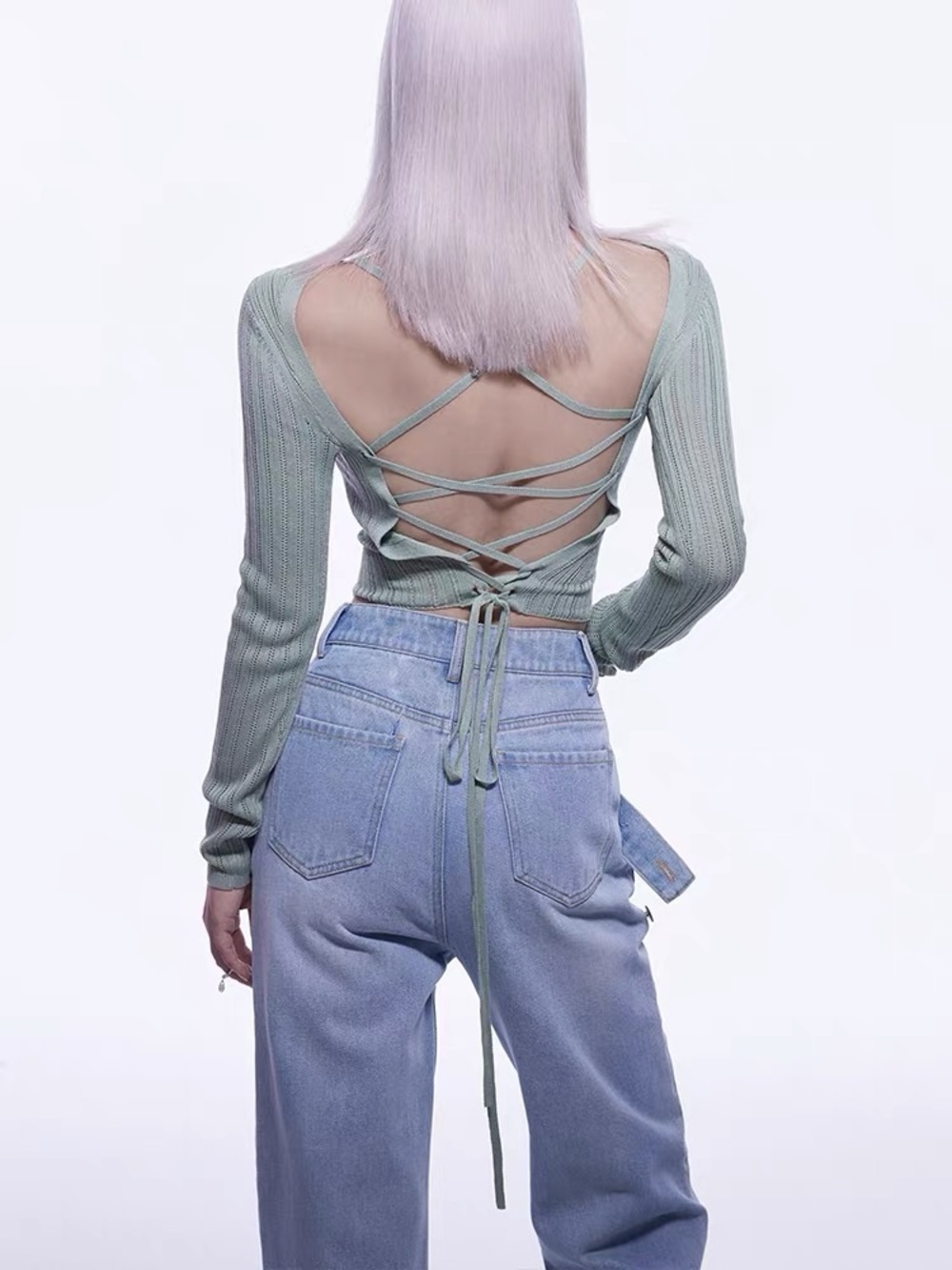 GYOKUU Sage Green Lace-Up Back Knit Cardigan | Size M | Open Back